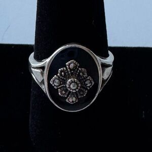 Vintage! Marsala Sterling Sliver Onyx Ring with marcasites - Size: 8.5